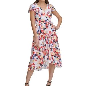 DKNY Surplice V-Neck Faux Wrap Floral High-Low Dress